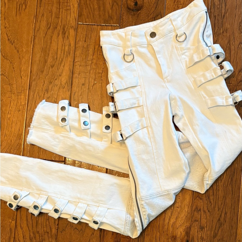 Dolls Kill Darker Wavs White Skinny Jeans with Strap Details